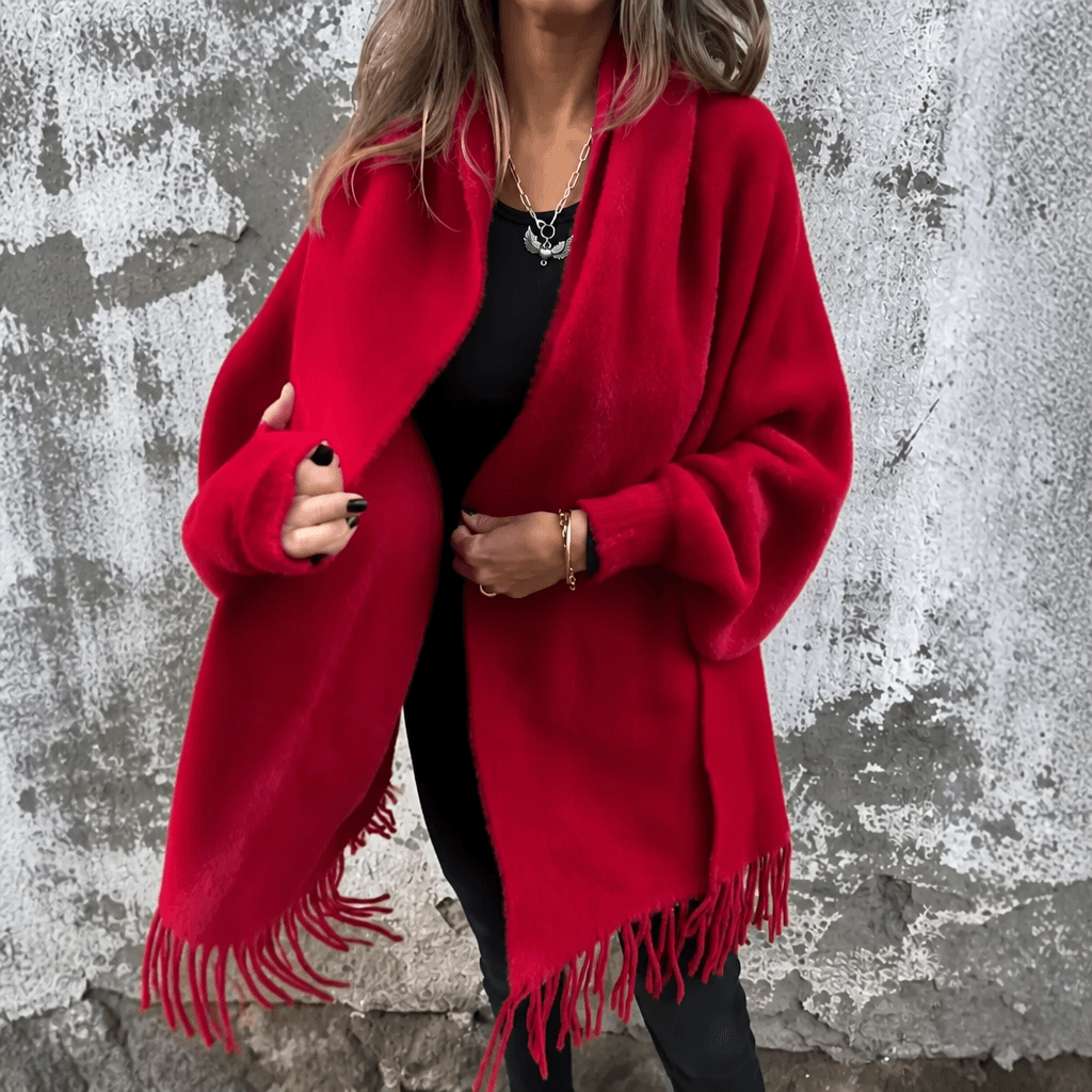 Fringe-Trim Draped Shawl Collar Open-Front Wool Winter Coat for Women