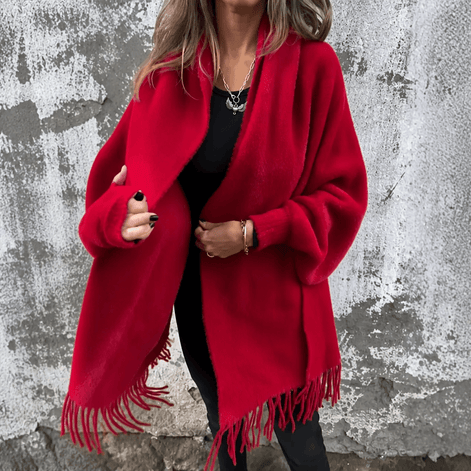Fringe-Trim Draped Shawl Collar Open-Front Wool Winter Coat for Women