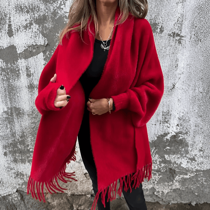 Fringe-Trim Draped Shawl Collar Open-Front Wool Winter Coat for Women