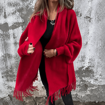 Fringe-Trim Draped Shawl Collar Open-Front Wool Winter Coat for Women