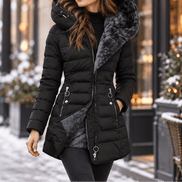 Women's Longline Quilted Puffer Jacket with Hood and Zip Pockets