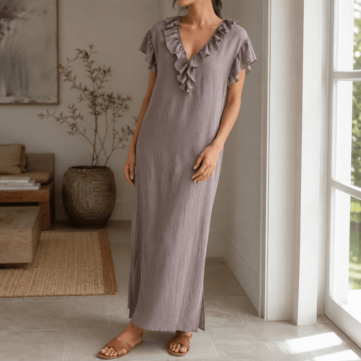 Ruffled V-Neck Maxi Dress with Hidden Pockets for Women