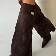 Women's Suede Fold-Over Boots with Pointed Toe and Gold Buckle Detail