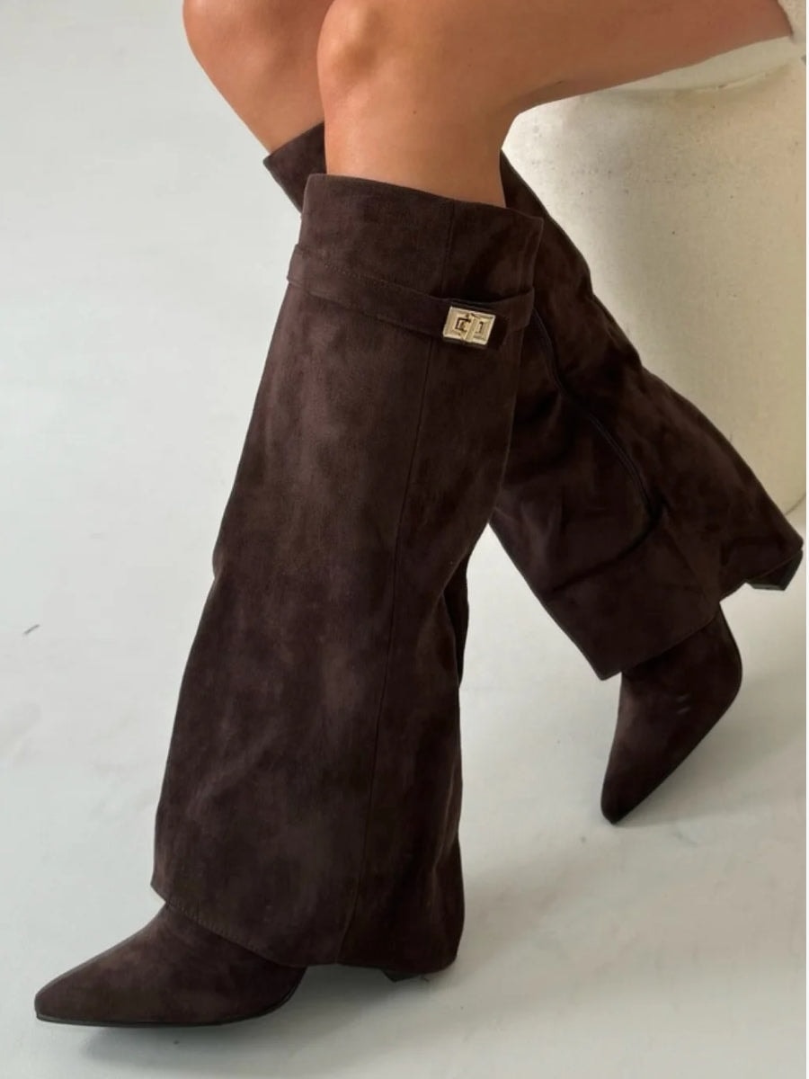 Women's Suede Fold-Over Boots with Pointed Toe and Gold Buckle Detail