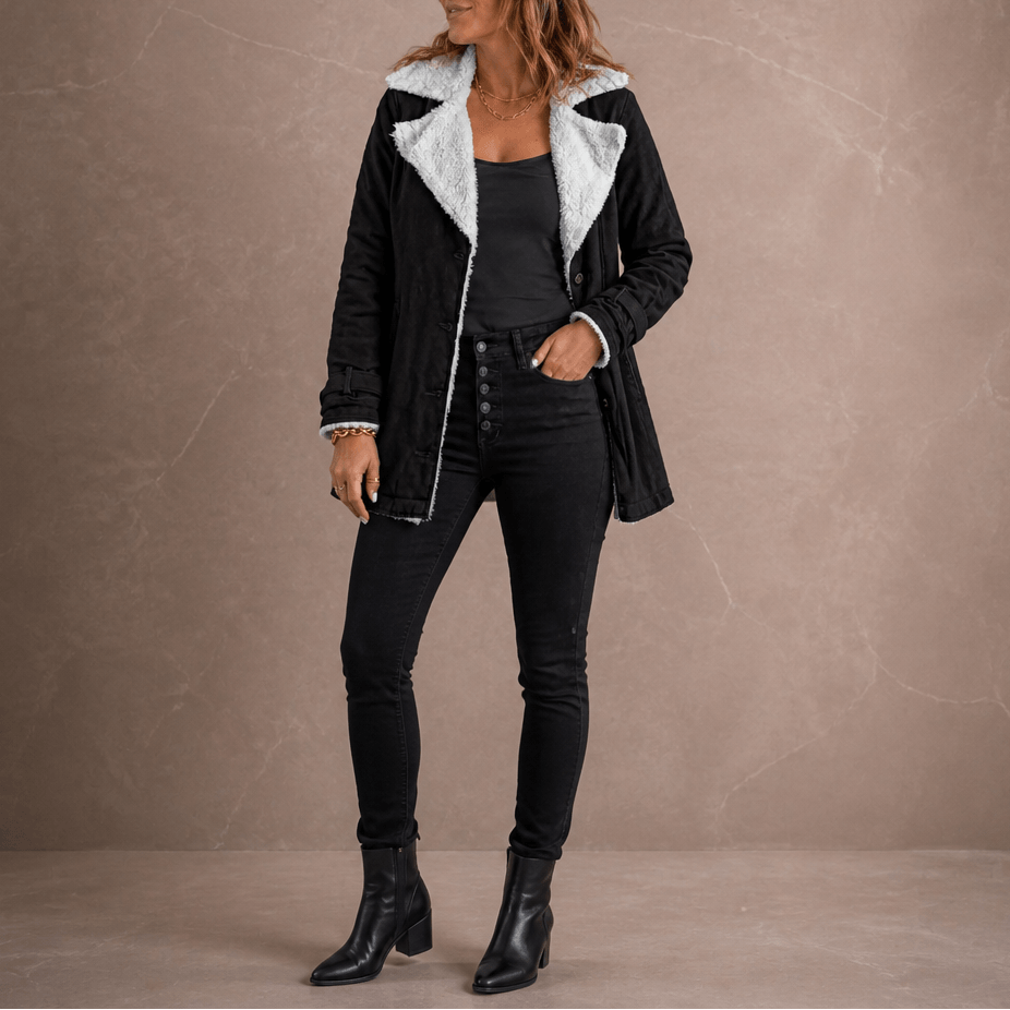 Sherpa-Lined Suede-Finish Lapel Jacket with Mid-Length Tailored Cut
