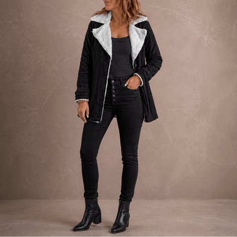 Sherpa-Lined Suede-Finish Lapel Jacket with Mid-Length Tailored Cut