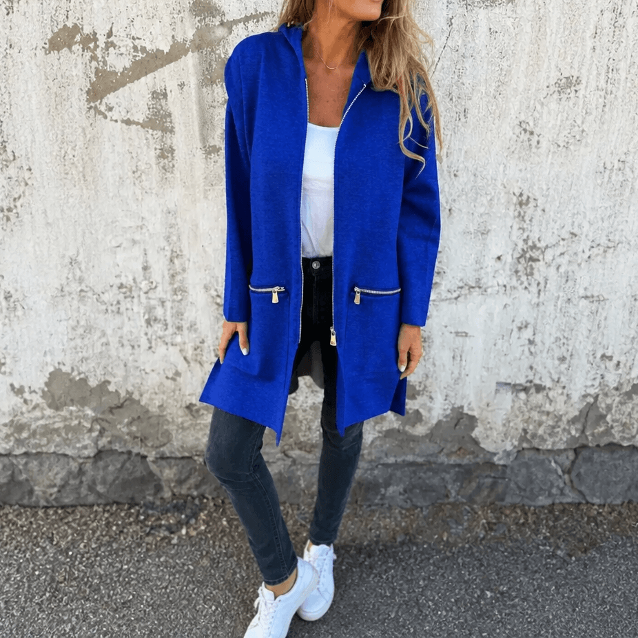 Women's Longline Hooded Zip-Up Jacket with Pockets