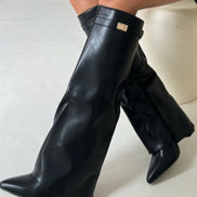 Fold-Over Pointed Toe Knee-High Suede Boots for Women in Winter