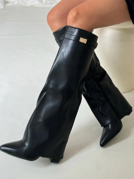 Fold-Over Pointed Toe Knee-High Suede Boots for Women in Winter