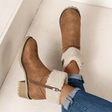 Faux Shearling Cuff Buckle Boots with Block Heel
