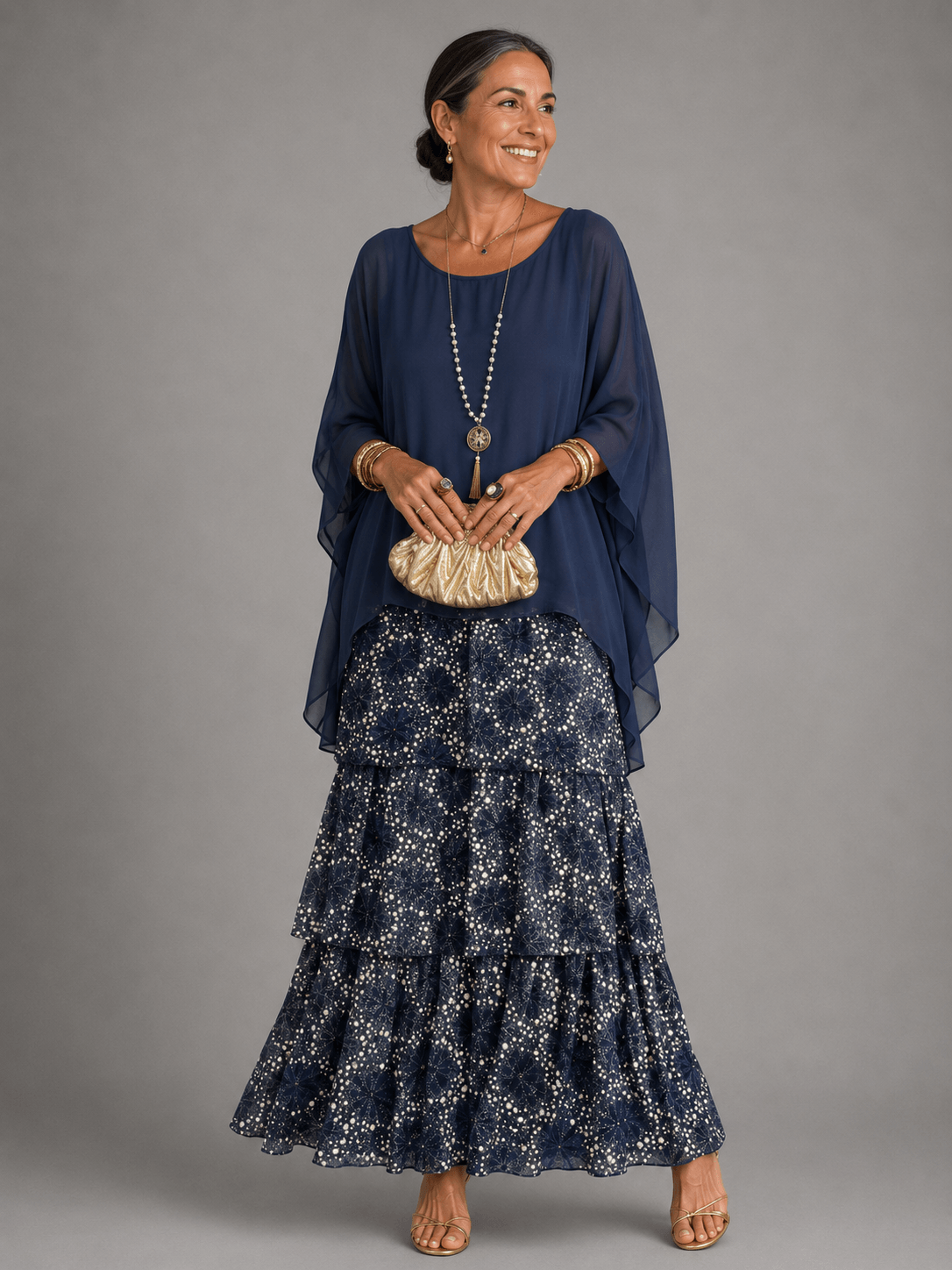 Tiered Chiffon Women's Maxi Dress with Flutter Sleeves and Layered Hem
