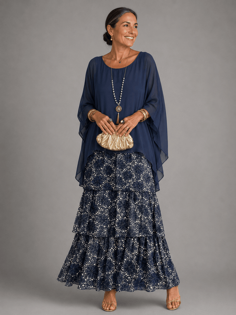 Tiered Chiffon Women's Maxi Dress with Flutter Sleeves and Layered Hem