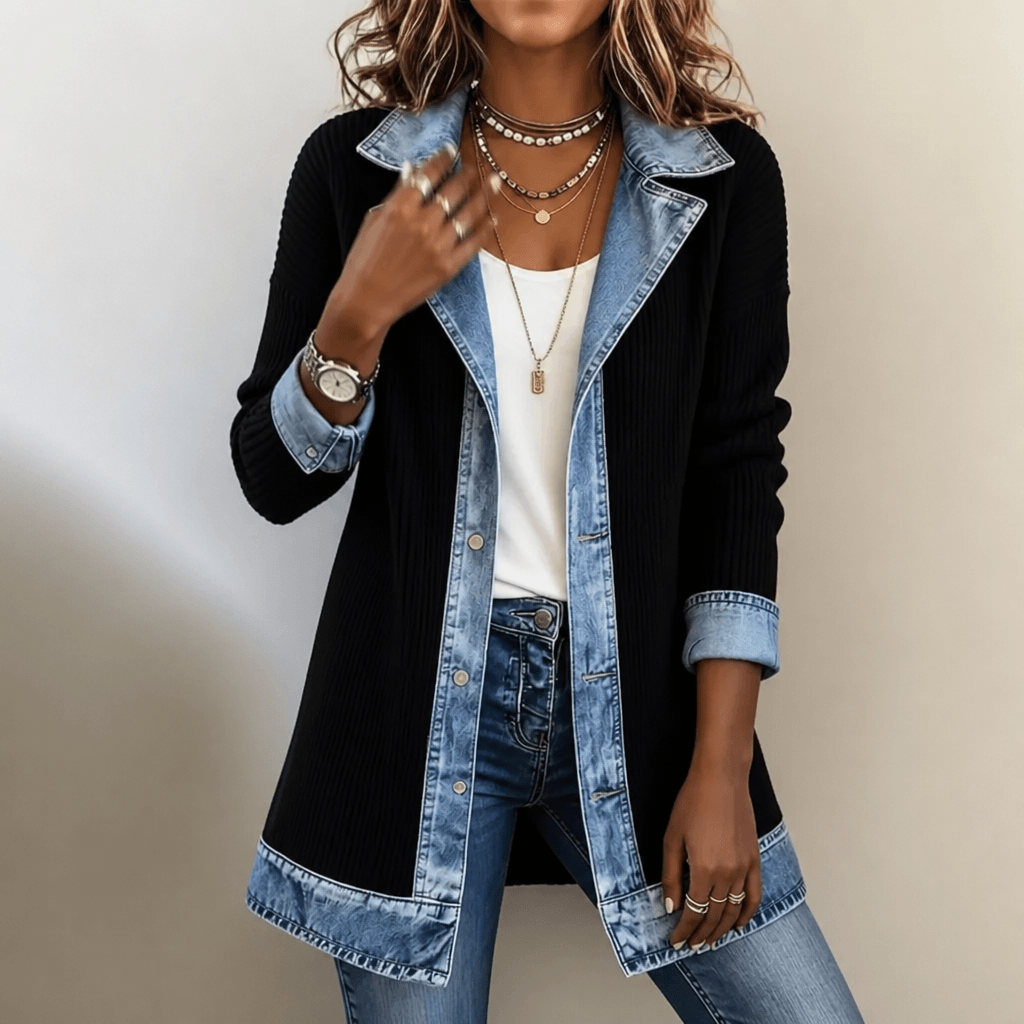 Ribbed Knit Longline Cardigan Coat with Denim Panel Detail