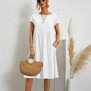 Women's Cotton Blend Christmas Party Shift Midi Dress with Pockets