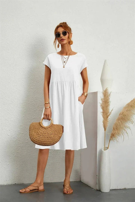 Women's Cotton Blend Christmas Party Shift Midi Dress with Pockets