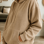 Ribbed Corduroy-Look Hoodie with Front Pocket for Women