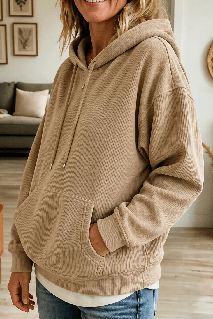 Ribbed Corduroy-Look Hoodie with Front Pocket for Women