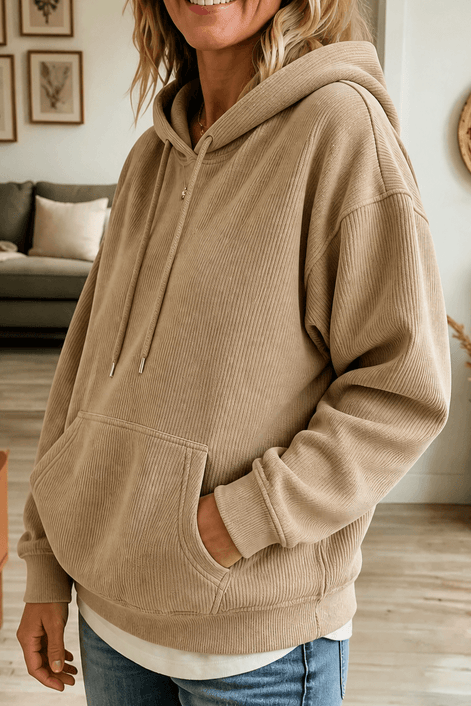Ribbed Corduroy-Look Hoodie with Front Pocket for Women