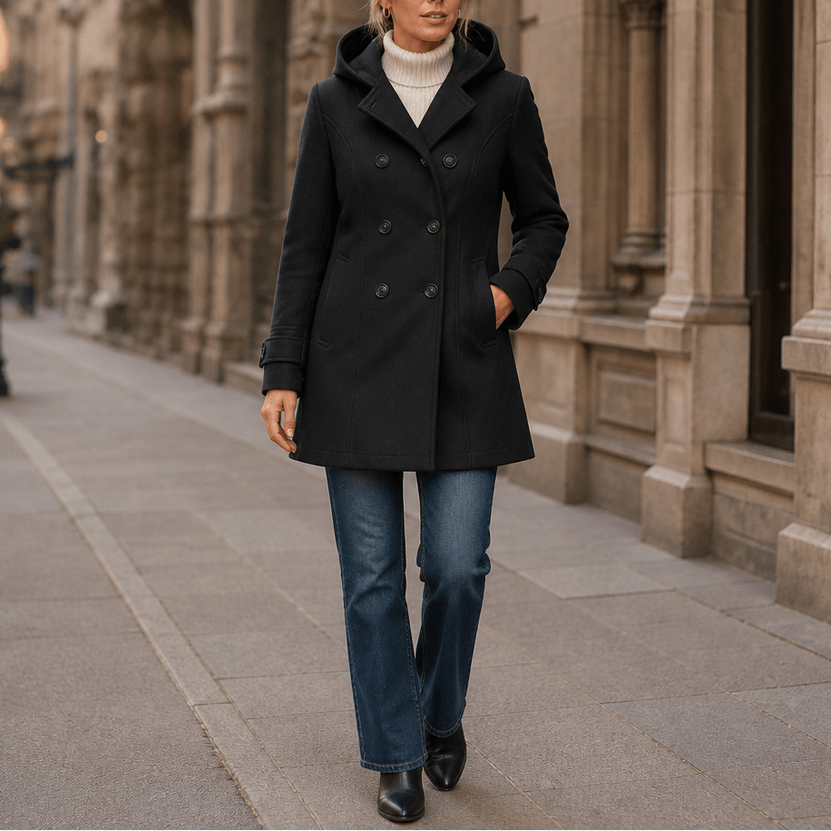 Edwina Women's Double-Breasted Hooded Winter Coat with Wide Collar