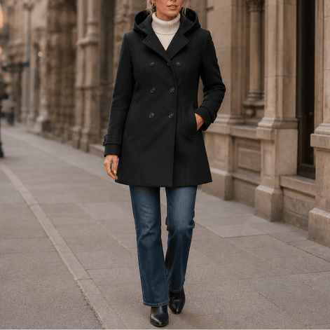 Edwina Women's Double-Breasted Hooded Winter Coat with Wide Collar