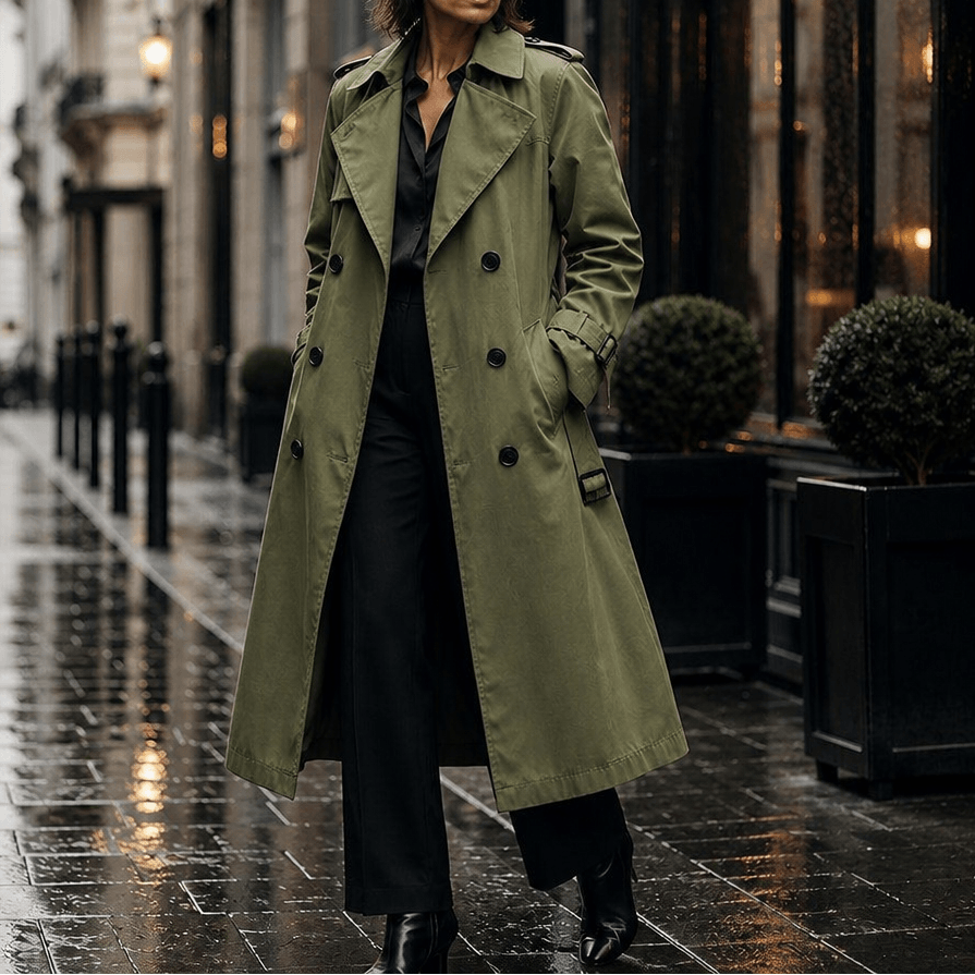 Mayfield Double-Breasted Belted Long Trench Coat with Tailored Waist for Women