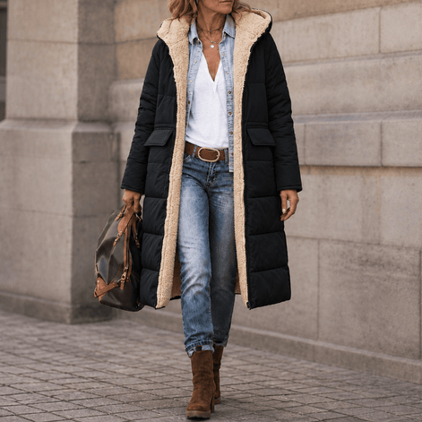 Reversible Hooded Long Puffer Coat with Faux Shearling Lining