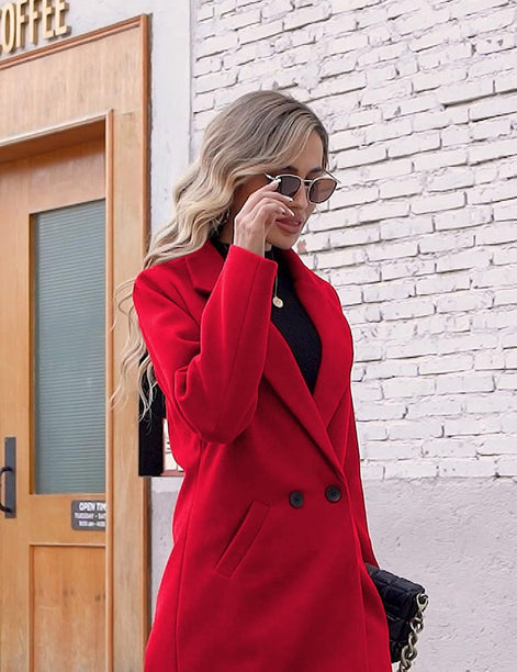 Women's Notch Lapel Double-Breasted Long Wool Winter Coat with Side Pockets