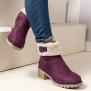 Faux Shearling Cuff Buckle Boots with Block Heel