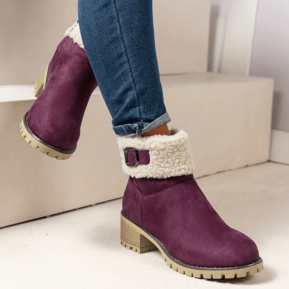 Faux Shearling Cuff Buckle Boots with Block Heel