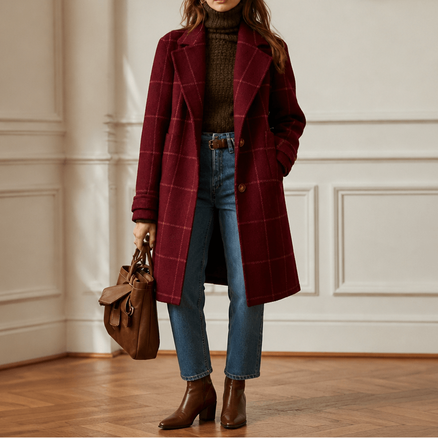 Women's Oversized Plaid Wool-Look Coat with Two-Button Front
