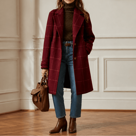 Women's Oversized Plaid Wool-Look Coat with Two-Button Front