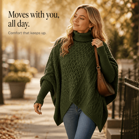 Women's Cable-Knit Turtleneck Poncho Jumper with Ribbed Trim