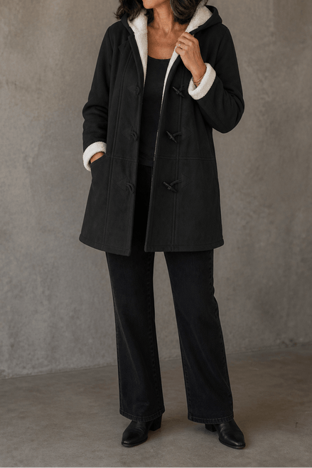 Women's Hooded Faux Suede Toggle Coat with Plush Sherpa Lining
