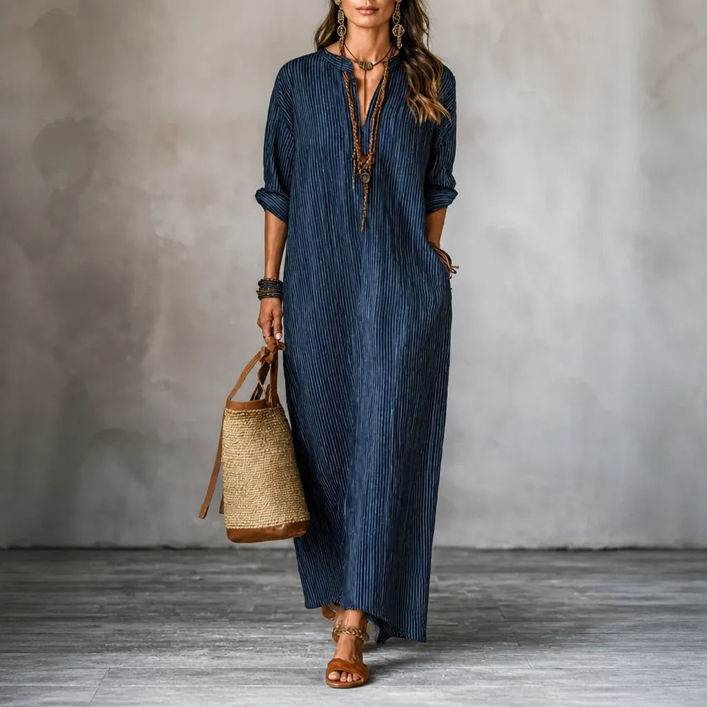 Vestara Striped V-Neck Maxi Dress with Pockets and Long Sleeves