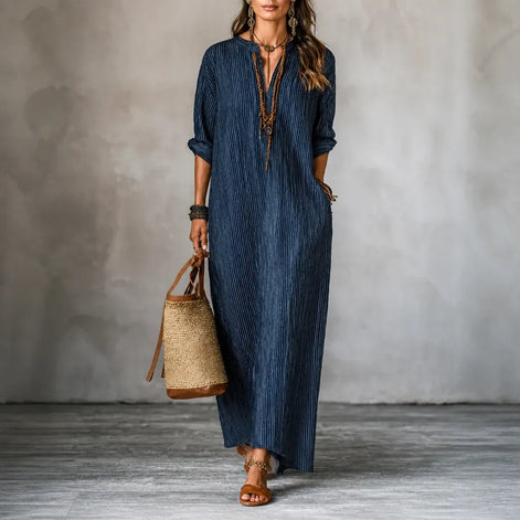 Vestara Striped V-Neck Maxi Dress with Pockets and Long Sleeves