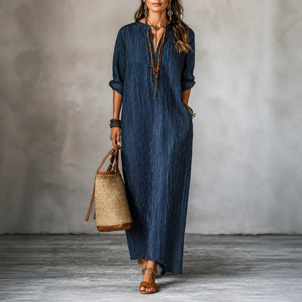 Vestara Striped V-Neck Maxi Dress with Pockets and Long Sleeves