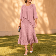 Elavine Sheer-Sleeve Floral Lace Overlay Chiffon Women's Midi Dress