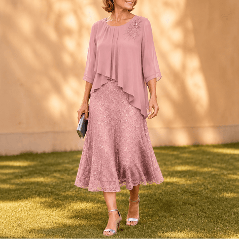 Elavine Sheer-Sleeve Floral Lace Overlay Chiffon Women's Midi Dress