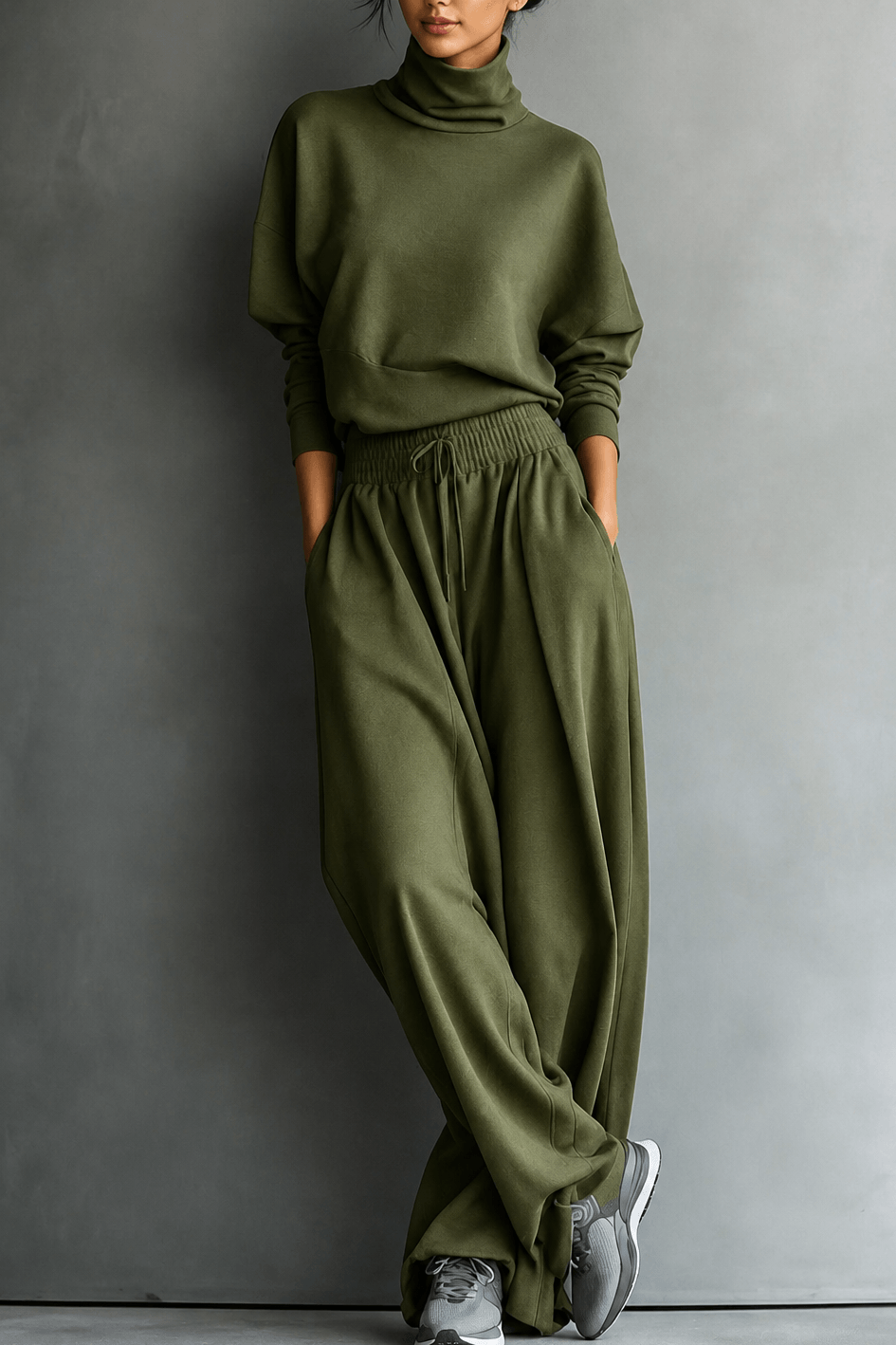 Women's Turtleneck Knitted Jumper and Wide-Leg Trousers Lounge Set