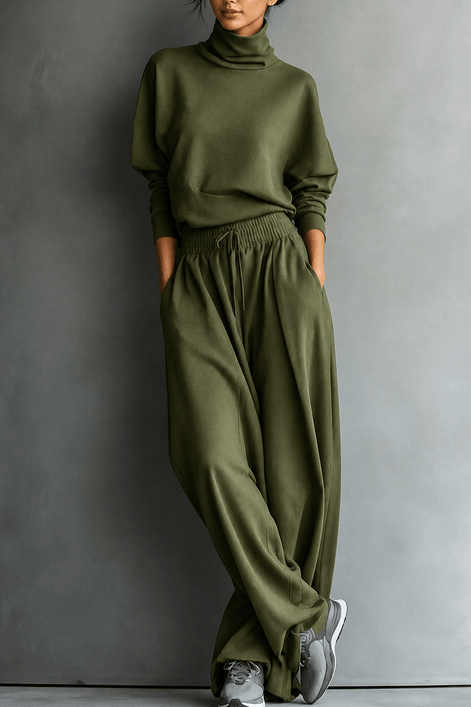 Women's Turtleneck Knitted Jumper and Wide-Leg Trousers Lounge Set