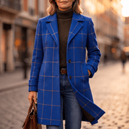 Women's Checkered Knee-Length Coat with Two-Button Front and Drop Shoulders