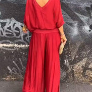 Adeline Draped Blouson Top and Wide-Leg Trouser Two Piece Set