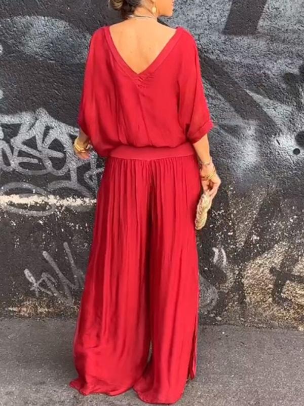 Adeline Draped Blouson Top and Wide-Leg Trouser Two Piece Set