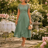 Lace Bodice Chiffon Women's Midi Dress with Ruffle Skirt