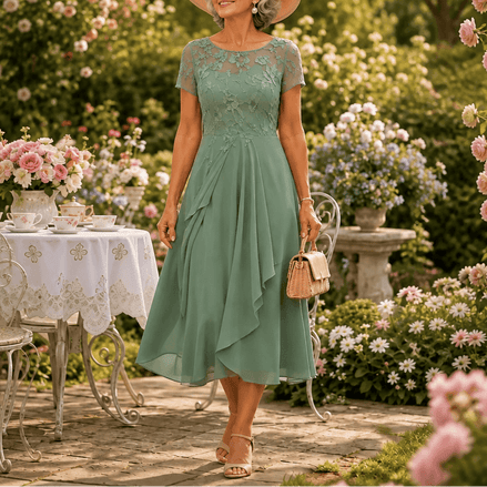 Lace Bodice Chiffon Women's Midi Dress with Ruffle Skirt