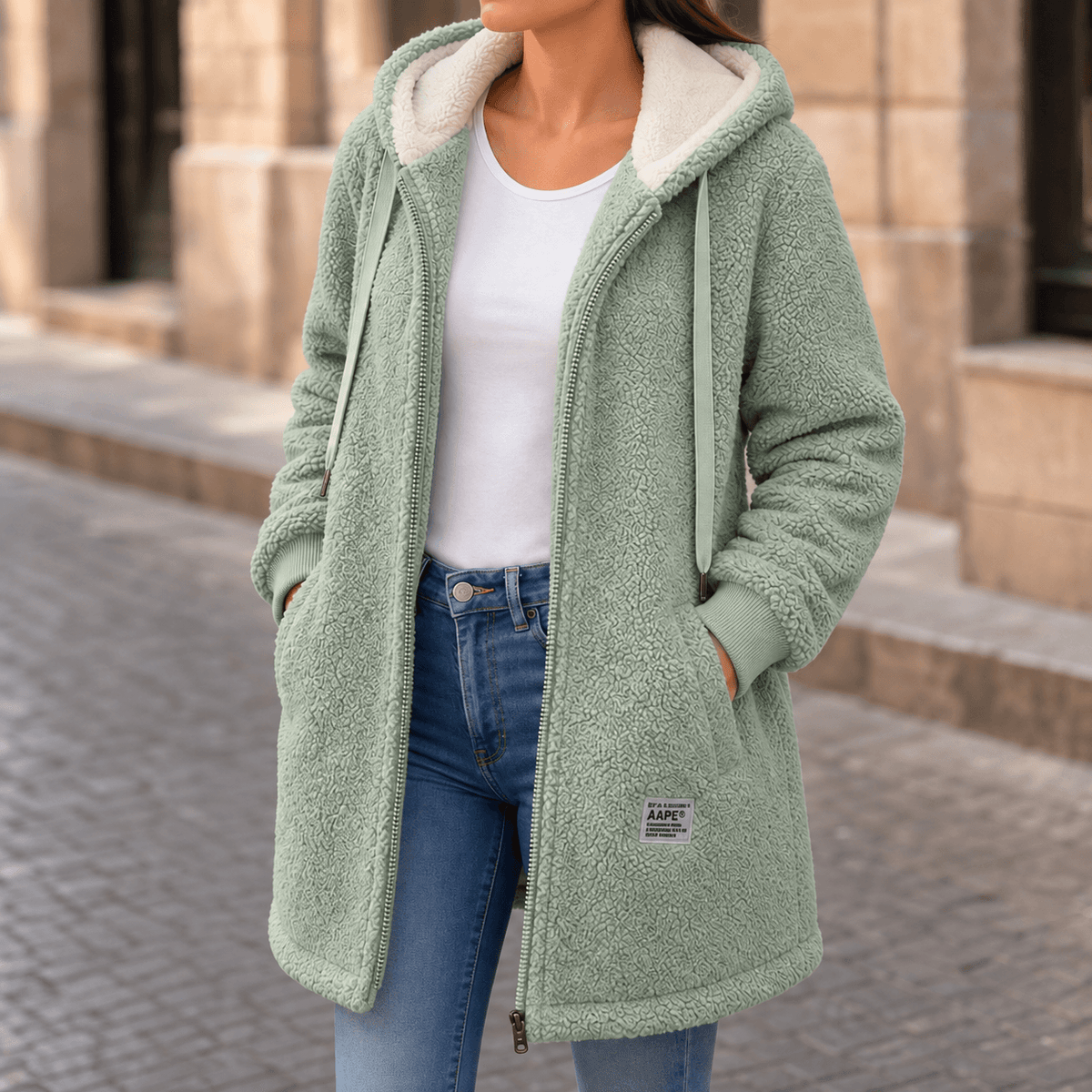 Odile Women's Hooded Fleece Teddy Coat with Zip Front