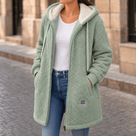 Odile Women's Hooded Fleece Teddy Coat with Zip Front