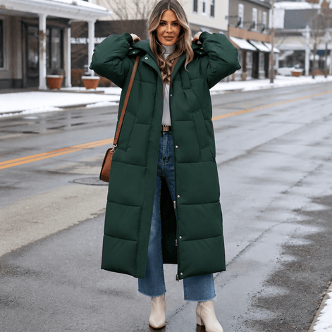 Women's Long Hooded Quilted Puffer Jacket with Pockets in Polyester