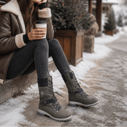 Women's Knit-Cuff Lace-Up Winter Boots with Buckle Strap