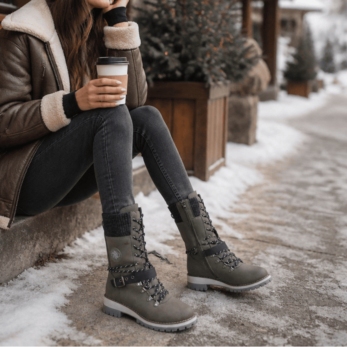 Women's Knit-Cuff Lace-Up Winter Boots with Buckle Strap